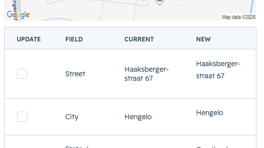 Review changes screen showing the address written into HubSpot's fields with a map