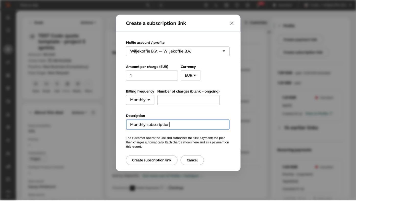 The Create a subscription link form in the Mollie card on a HubSpot deal