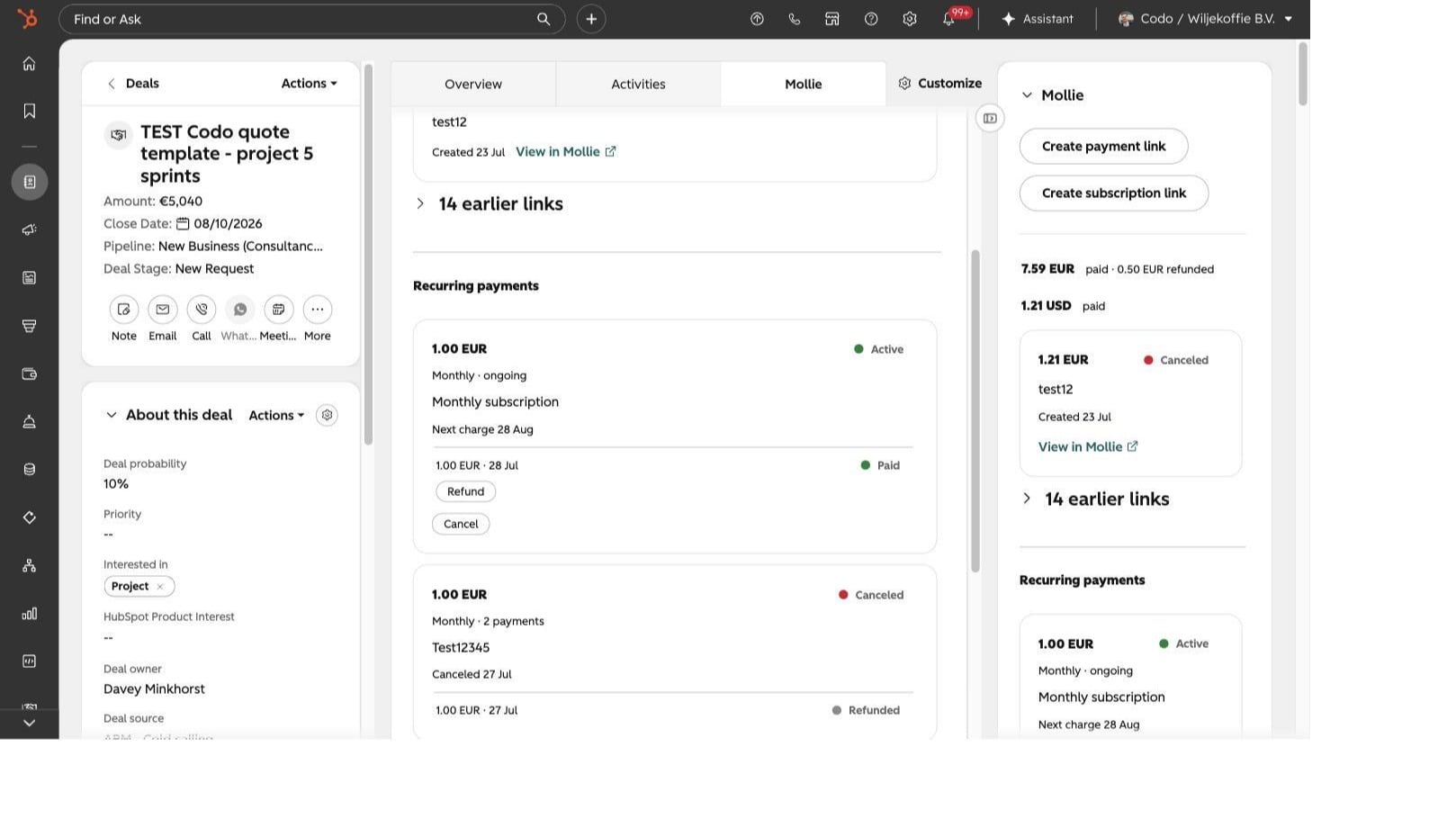 An active Mollie subscription on a HubSpot deal, showing its monthly amount, next charge date, and paid installment