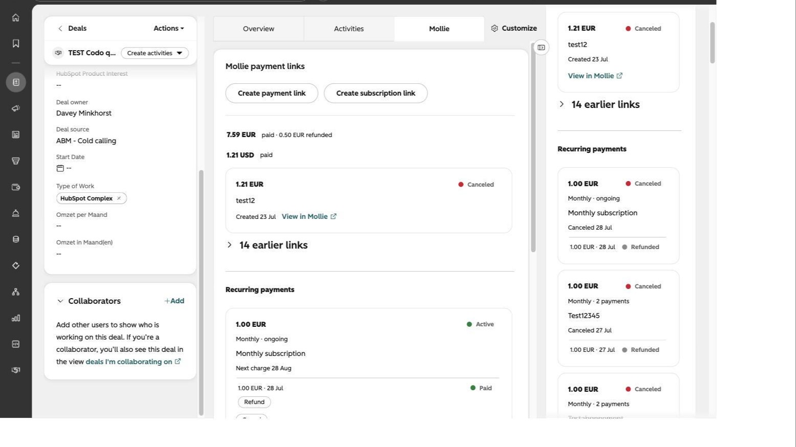 Creating a Mollie payment link from the Mollie card on a HubSpot record